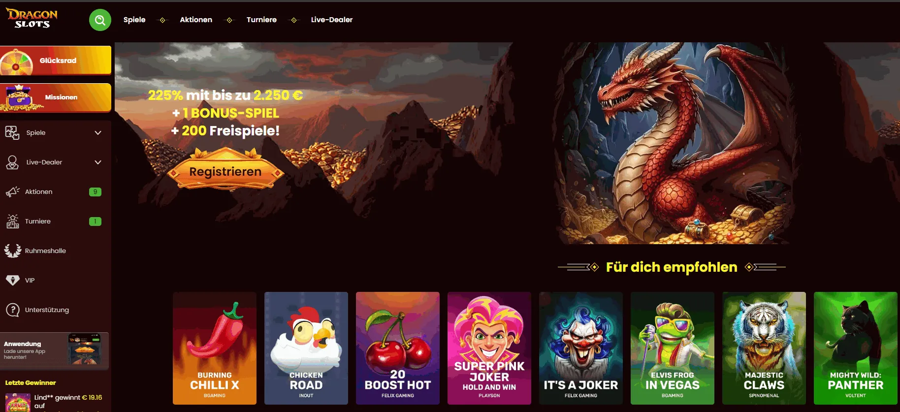 DragonSlots Casino Webseite